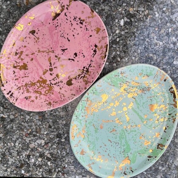 222 Fifth Midnight Marbled Pattern Oval Plates Set Of 4 Easter Egg Multicolor - Picture 2 of 4
